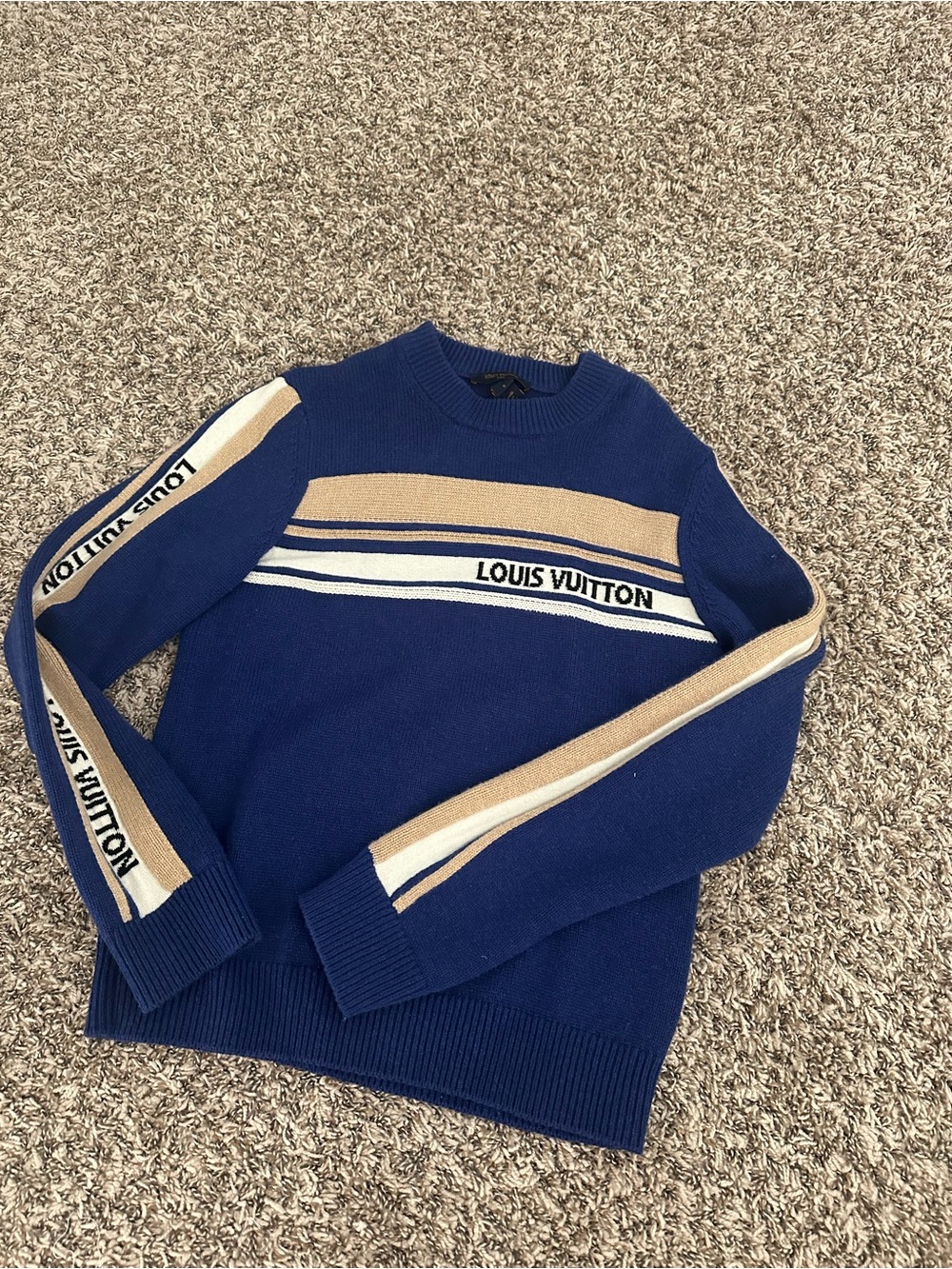 Louis Vuitton Navy Crewneck Sweater with Tan and White Stripes